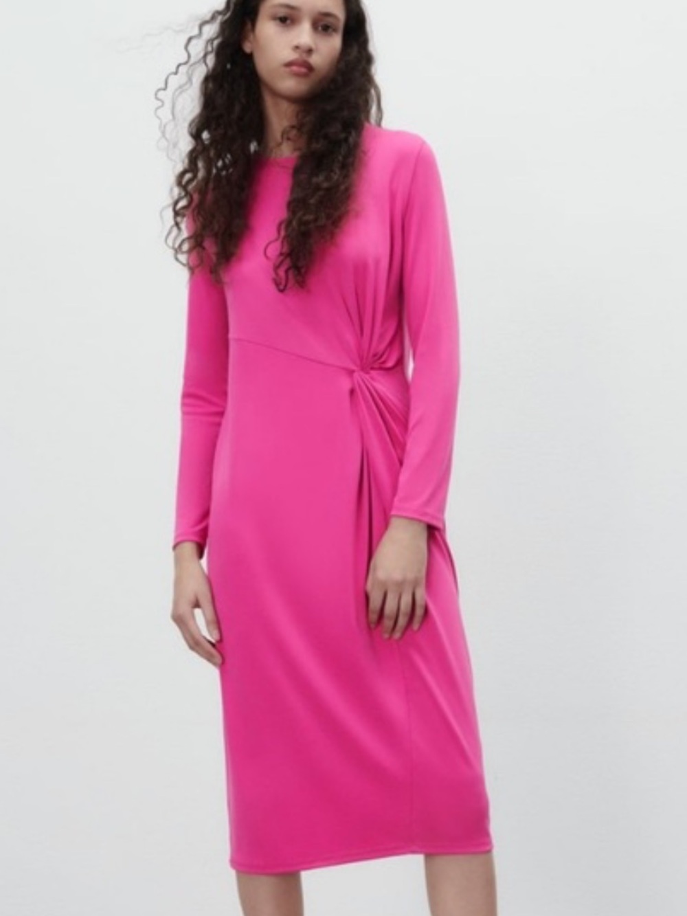 Zara Fuchsia Long-Sleeve Knot-Detail Dress ladies size Large